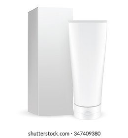 VECTOR PACKAGING: White Gray Box With White Gray Cosmetic Tube With Flip To Open Cap On Isolated White Background. Mock-up Template Ready For Design .