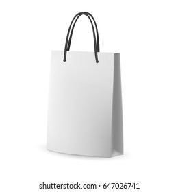 Vector Packaging: White gray paper bag with black string on white isolated background. Mock-up template ready for design. Handles up.