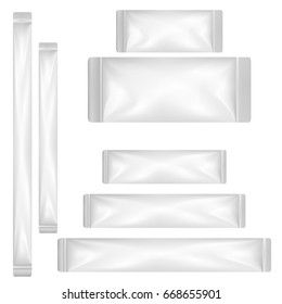 VECTOR PACKAGING: White gray plastic sachet or foil packet on isolated white background. Mockup template ready for design