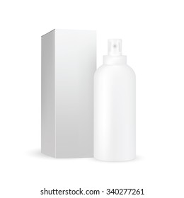 VECTOR PACKAGING: White gray round bottle sprayer with transparent cap, box included for cosmetic/perfume on isolated white background. Mock-up template ready for design