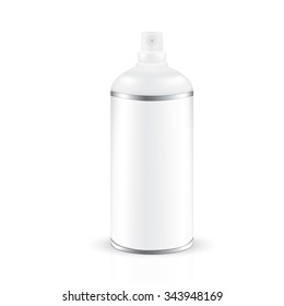 VECTOR PACKAGING: White gray round bottle sprayer with silver body and bottom band, no cap for cosmetic on isolated white background. Mock-up template ready for design.
