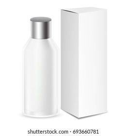 VECTOR PACKAGING: White gray round cosmetic/medicine bottle or container with box on isolated white background. Mock-up template ready for design