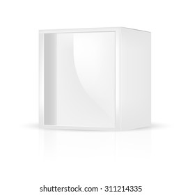 VECTOR PACKAGING: White Gray Square Packaging Box With Front Plastic Window On Isolated White Background. Mock-up Template Ready For Design.