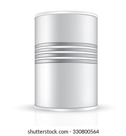 VECTOR PACKAGING: white gray tin round container with design on the body on isolated white background. Mock-up template for design.