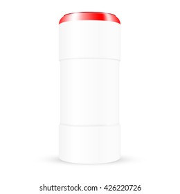 VECTOR PACKAGING: White plastic round container with red cap on isolated white background. Mock-up template for design.