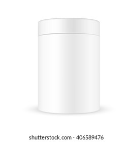 VECTOR PACKAGING: White wide round container with ribbed screw cap/lid on isolated white background. Mock-up template for design..