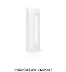 VECTOR PACKAGING:White gray tall packaging box with front thin window on isolated white background. Mock-up template ready for design.