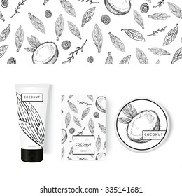 Vector packing concept with coconut. Tropical labels for the jar, tube and box with the place for your text. Seamless pattern on background (clipping mask). Botanical set perfectly for packing design.