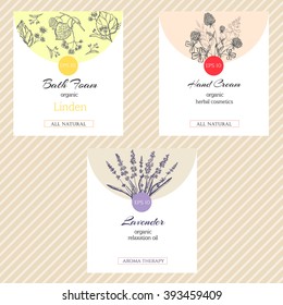 Vector packing concept with herbal. Herbal labels for hand cream, relaxation oil and bath foam box.Natural organic cosmetics.Design for natural and organic cosmetics, health care products. 