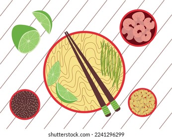 Ilustración de estilo plano con fideos tailandeses para vectores. plato de visualización de la tabla superior thai de la almohadilla dibujada a mano