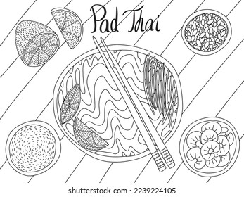 Vector pad Thai noodles sketch. Hand drawn pad thai top table view dish