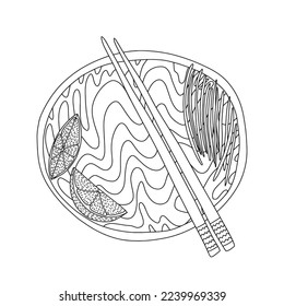 Esbozo de fideos tailandeses para vectores. plato de visualización de la tabla superior thai de la almohadilla dibujada a mano
