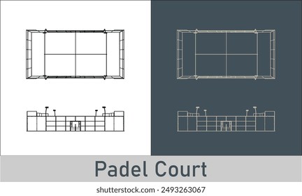 Vector Padel court technical Illustration line art on the blueprint