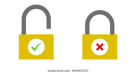 Icono de candado de Vector, abierto y bloqueado con marcas de verificación y cruz