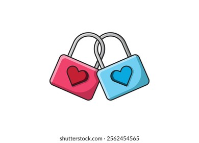 vector padlock with love shaped keyhole, outline filled style love padlock in pink and blue