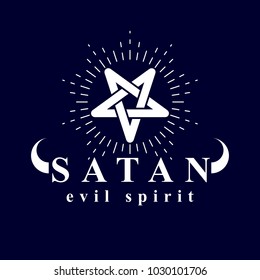 Vector pagan symbol, pentacle created with Satan inscription. Demonic infernal illustration.
