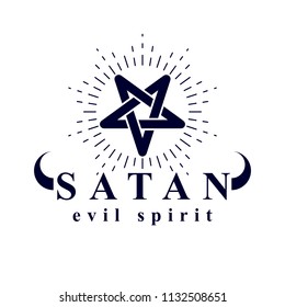 Vector pagan symbol, pentacle created with Satan inscription. Demonic infernal illustration.
