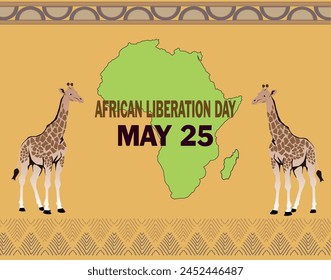 Página de Vector del Día de la Liberación Africana el 25 de mayo. Ilustración con arte tribal africano, mapa del continente africano y jirafa