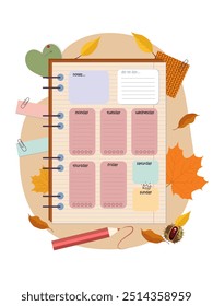 Vector page of autumn calendar planer with days of week