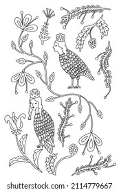 Vector Page For Coloring. Illustration In Russian Style. Slavic Mythology: Birds Of Goodness And Evil.