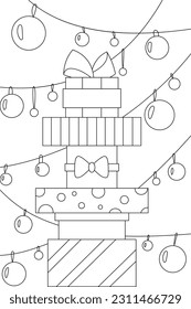 Vector page for coloring. New Year, Christmas gifts, garland. Creative tasks for children.