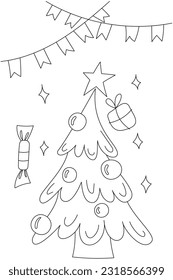 Vector page for coloring. New Year, Christmas gifts, garlands. Creative task for children. Christmas tree with a star.