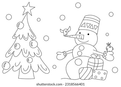 Vector page for coloring. New Year, Christmas gifts, garlands. Creative task for children. Christmas tree with a star.