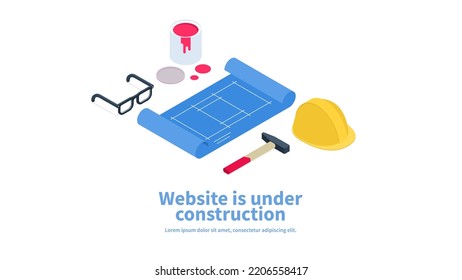 Vector page concept of site under construction with isometric illustration of building tools, blueprint and workers helmet.