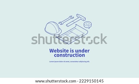 Vector page concept of site under construction with isometric illustration of building tools, blueprint and workers helmet.