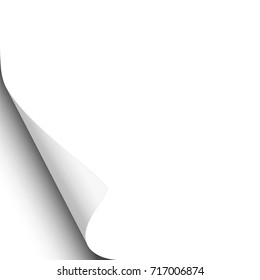 Vector page curl of left-hand corner of white sheet. Element for ad. Template paper design.