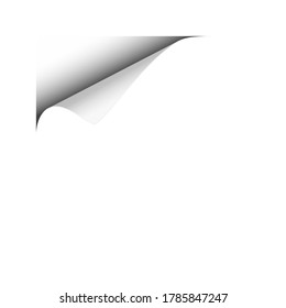 Vector page curl of upper left corner of white sheet. Element for advertising. Template paper design.