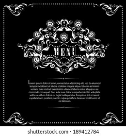 Vector page decoration with white calligraphic design elements on black background. 