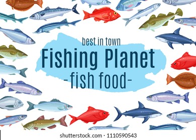 Vector page design with fish. Seafood poster design with salmon, anchovy, codfish, sea bass, ocean perch and sardine. Icon mackerel, herring, dorado, tuna, halibut, tilapia and trout.