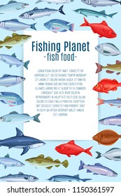 Vector page design with fish. Seafood poster design with salmon, anchovy, codfish, sea bass, ocean perch and sardine. Icon mackerel, herring, dorado, tuna, halibut, tilapia and trout