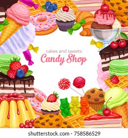 Vector page design frame confectionery and sweets icons. Donut and cotton candy, muffin, waffles, biscuits and jelly. Dessert, lollipop, ice cream with candied, macaron and pudding.