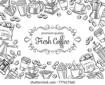 Vector page design template coffee with sketch cups, hot drinks, French press, brewer for menu cafe. Retro outline style illustration.