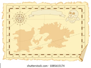 Vector page in form of an old map with continents and compass, skull and bones, place for drawings or records. Concept of pirate card. Suitable for notes, children's  rooms and table games children's
