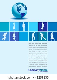 A vector page layout with a globe and businesspeople