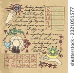 Vector Page with magic spells and mystic drawings from witch book on textured background. No foreign language, all symbols are fantasy. Esoteric, wicca and gothic concept, Halloween background