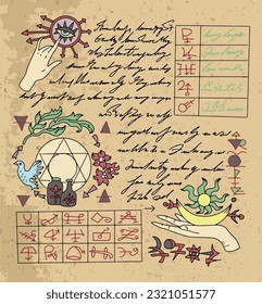 Vector Page with magic spells and mystic drawings from witch book on textured background. No foreign language, all symbols are fantasy. Esoteric, wicca and gothic concept, Halloween background