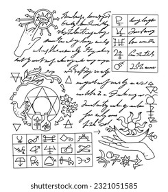 Vector Page with magic spells and mystic drawings from witch book on white background. No foreign language, all symbols are fantasy. Esoteric, wicca and gothic concept, Halloween background