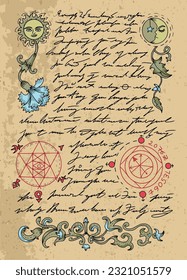 Vector Page with magic spells, pentagram and drawings from witch book on textured background. No foreign language, all symbols are fantasy. Esoteric, mystic and gothic concept, Halloween background