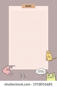 Vector page template with points for trendy daily planner, organizer, diary, bullet journal with title Notes. Decorated with colorful hand drawn funny adorable smart cats. For print on paper or magnet