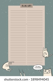 Vector page template with two columns for daily planner, organizer, reminder, to do list in retro colors. Decorated with monochrome hand drawn funny adorable smart cat. For print on paper or magnet