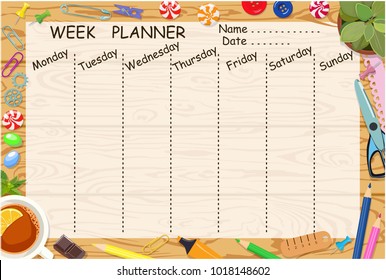 Vector page-form for planning, scheduling or to-do list. Linear sheet with days of week, name, date and place for entries, is depicted on wooden texture and adorned with office trifles and cup of tea.