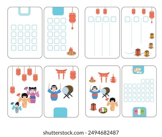 Vector pages for a diary or planner for August, for the Obon Festival. Vector templates of children's pages for notebooks, stickers in Japanese style for August. Symbols of  changing seasons.