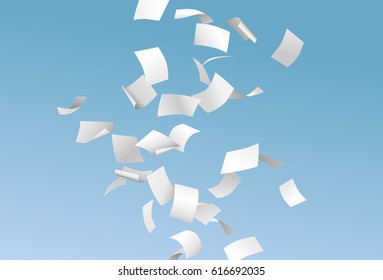 Vector pages or documents flying down in the wind with blue sky in the background