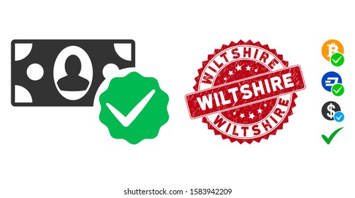 Vector paid in full icon and distressed round stamp watermark with Wiltshire phrase. Flat paid in full icon is isolated on a white background. Wiltshire stamp seal uses red color and grunge design.