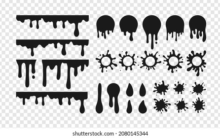 Vector Paint blob set. Black liquid splash, round ink splatter, dripping paint collection. Paint flows circle stickers, abstract stains badges and drops design elements on transparent background.