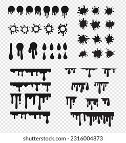 Vector Paint blob set. Black liquid splash, round ink splatter, dripping paint collection. Paint flows circle stickers, abstract stains badges and drops design elements on transparent background.